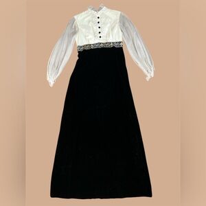 Vintage Black Velvet Maxi Dress Sheer Sleeves Lace Trim Size Small